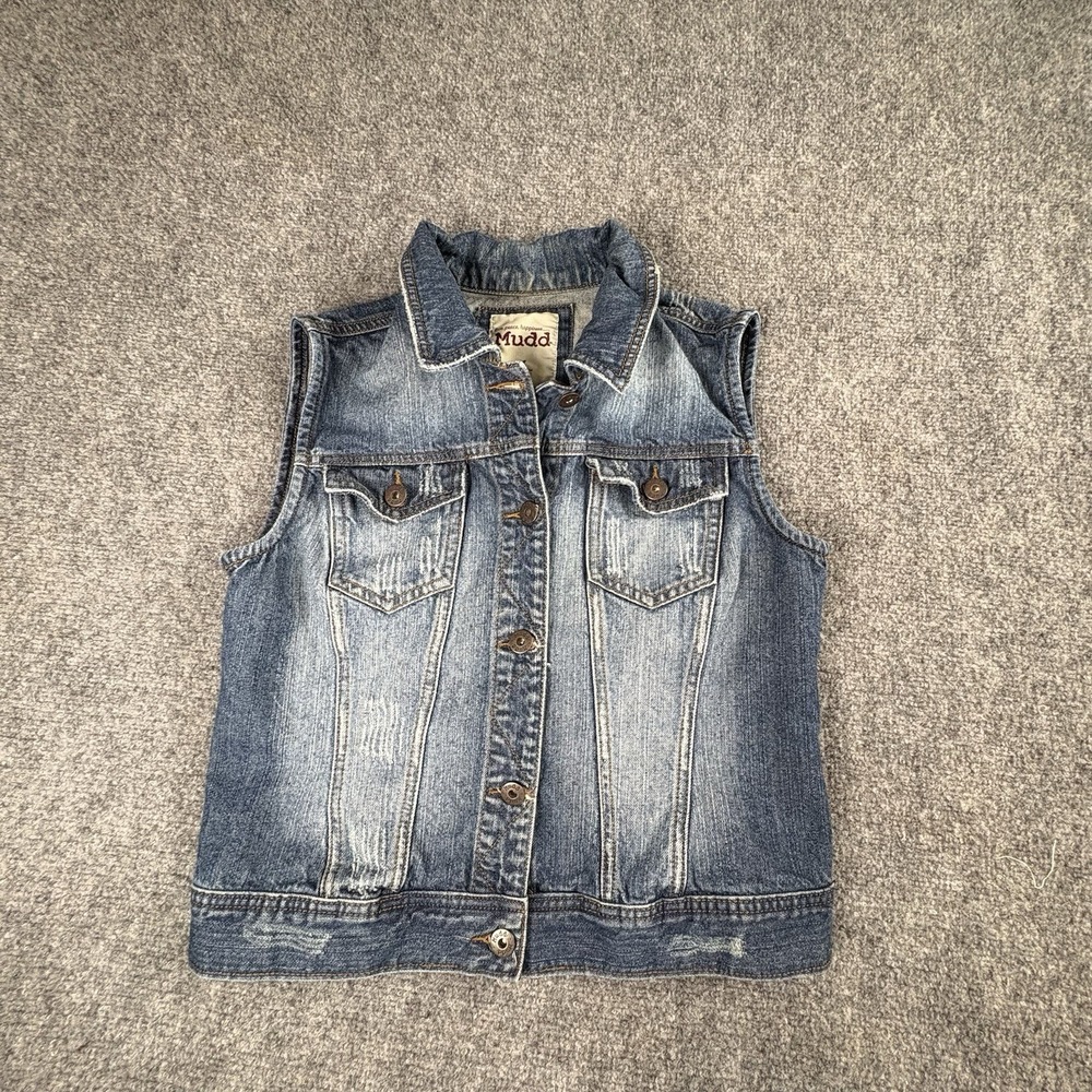 Y2K Mudd Denim Vest Women‎ M Blue Distressed Sleeveless Grunge Boho Festival VTG
